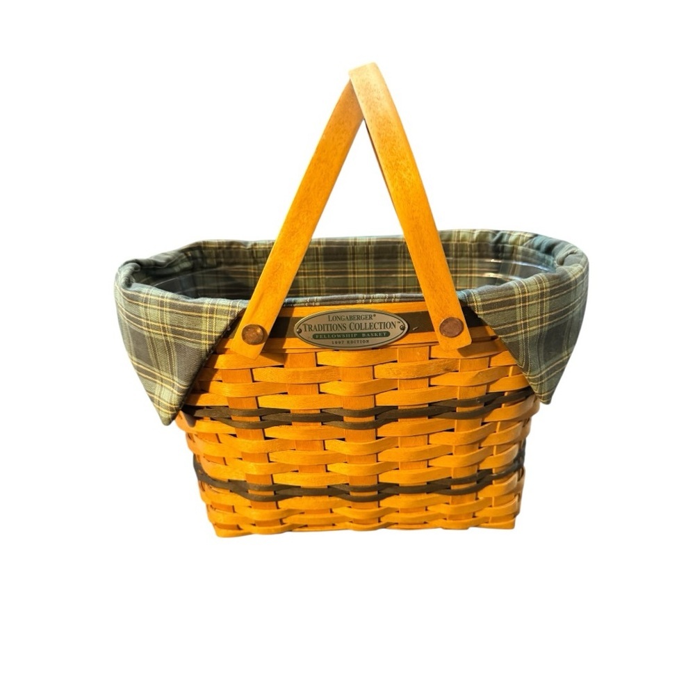 Longaberger Green, Yellow and Brown Woven Tote with Plaid Liner